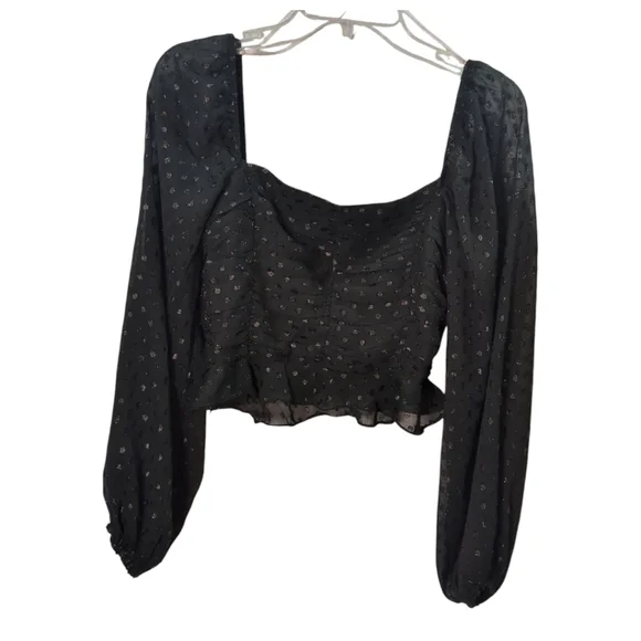 Lulu's Totally Charmed Black Ruched Clip Dot Balloon Sleeve Top Size Small - Picture 8 of 8